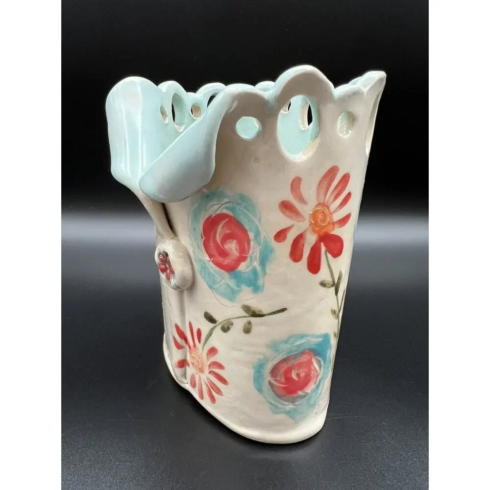 Deb Babcock Blue Sky Art Pottery Vase 5.5” Fox & Florals Whimsical Signed